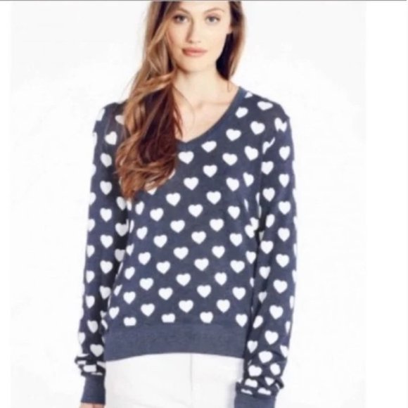 Wildfox Navy V-neck Sweater Hearts Polka Dots M - Picture 1 of 8